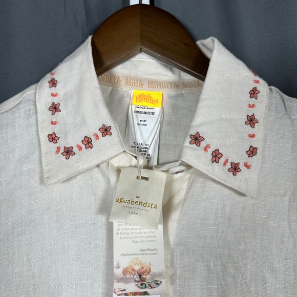 NWT Agua Bendita Ete Swan Shirt 100% Linen Embroidered Cream M/L Cover Up Resort - Picture 3 of 12